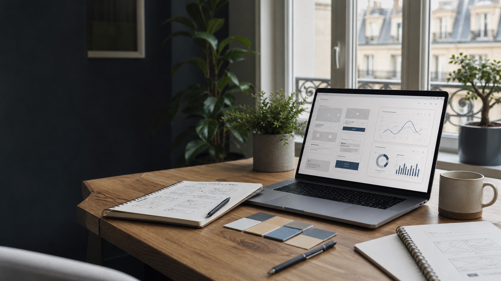 Espace de travail avec ordinateur affichant une interface de site web et tableau de bord